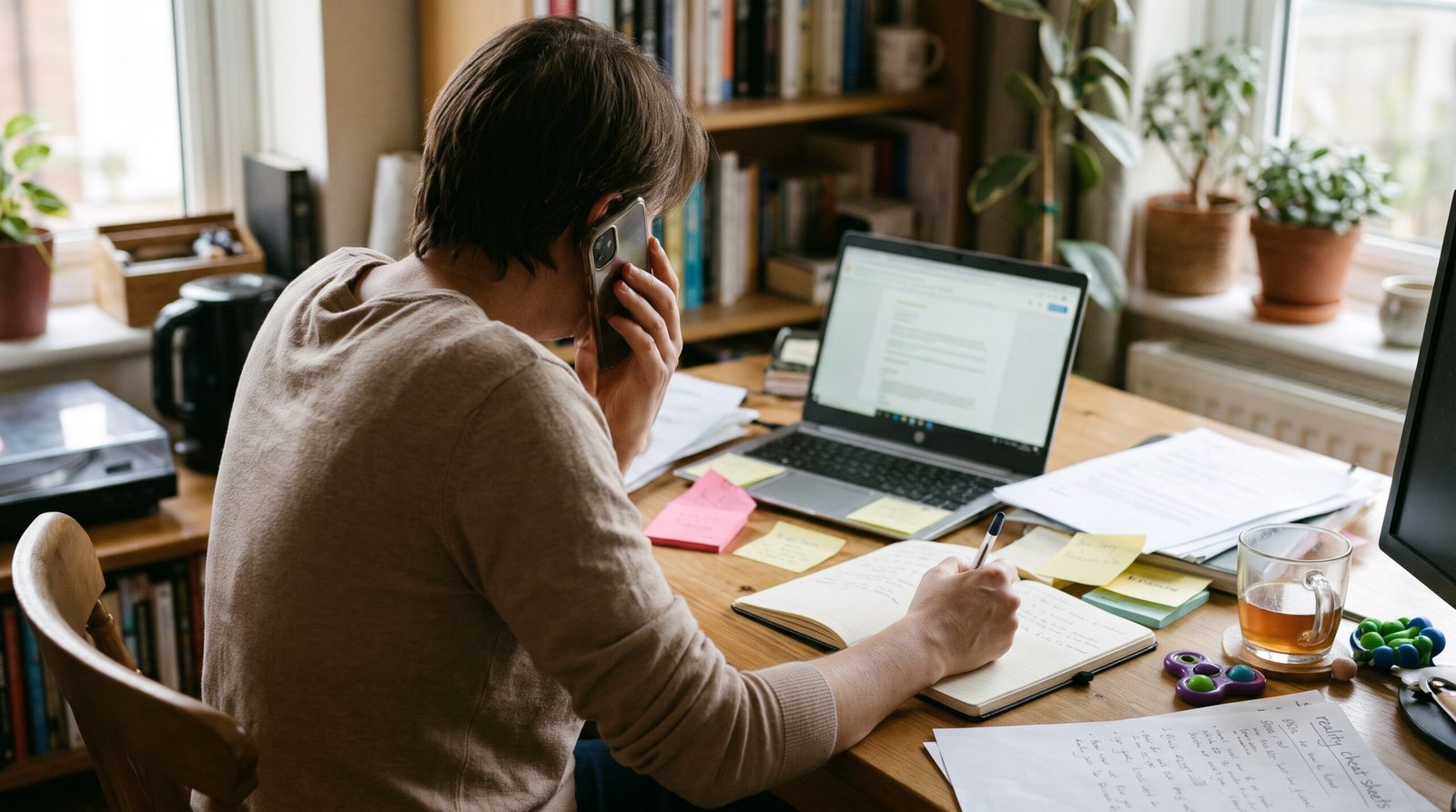 ADHD adult struggling with overwhelm at a cluttered desk with laptop, fidget toys, and post-it notes illustrating Access to Work masking